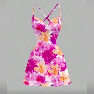 MOD Floral Print Draped Neck Spaghetti Strap Short Dress